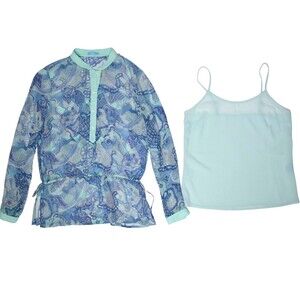 J. McLaughlin Sheer Silk Blouse & Undershirt Tank Set Blue Paisley Women Size 2